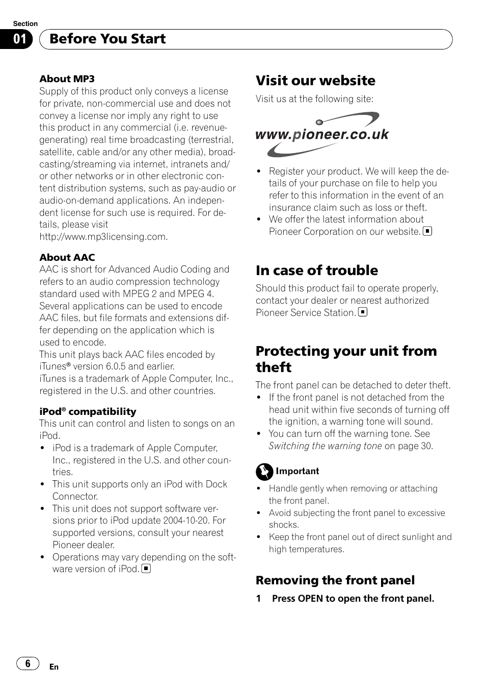 Visit our website, In case of trouble, Protecting your unit from theft | Removing the front panel 6, Before you start, Removing the front panel | Pioneer DEH-P6900IB User Manual | Page 6 / 126