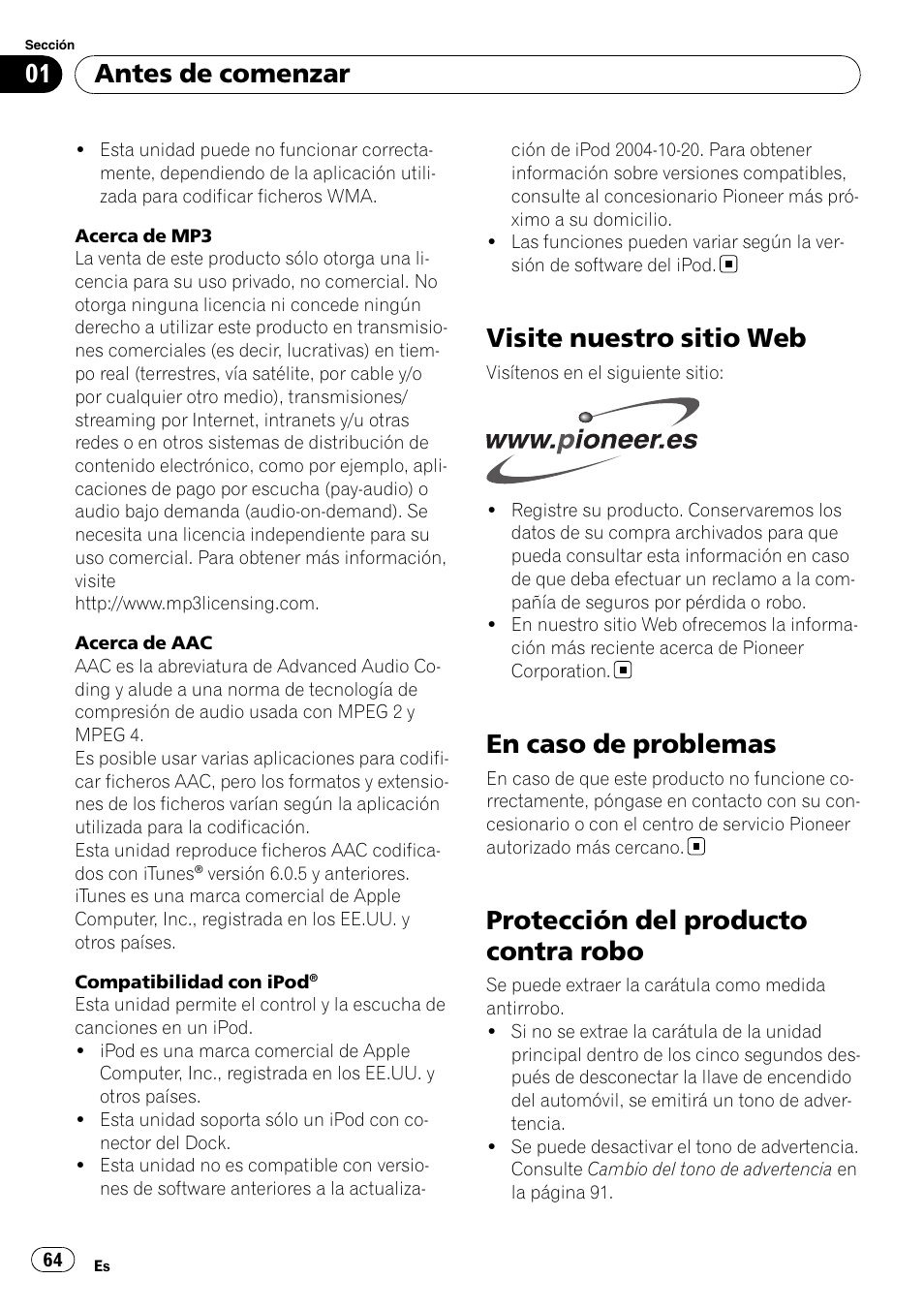 Visite nuestro sitio web, En caso de problemas, Protección del producto contra robo | Antes de comenzar | Pioneer DEH-P6900IB User Manual | Page 64 / 126