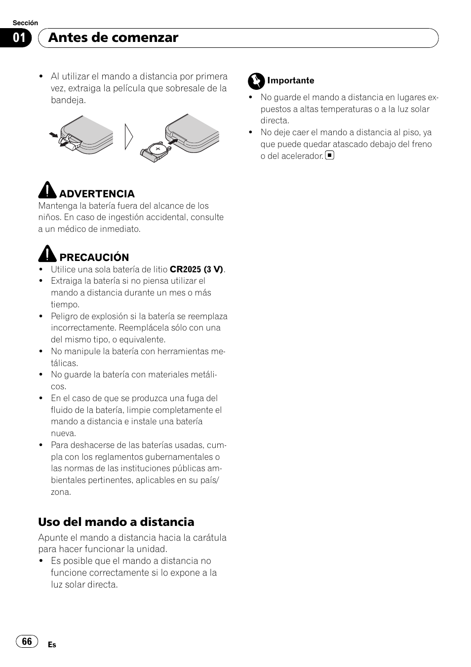 Uso del mando a distancia 66, Antes de comenzar, Uso del mando a distancia | Pioneer DEH-P6900IB User Manual | Page 66 / 126