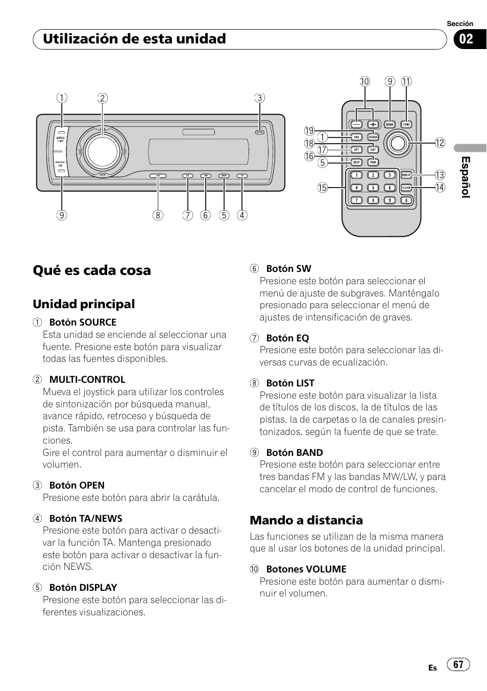 Utilización de esta unidad qué es cada cosa, Unidad principal 67, Mando a distancia 67 | Qué es cada cosa, Utilización de esta unidad | Pioneer DEH-P6900IB User Manual | Page 67 / 126