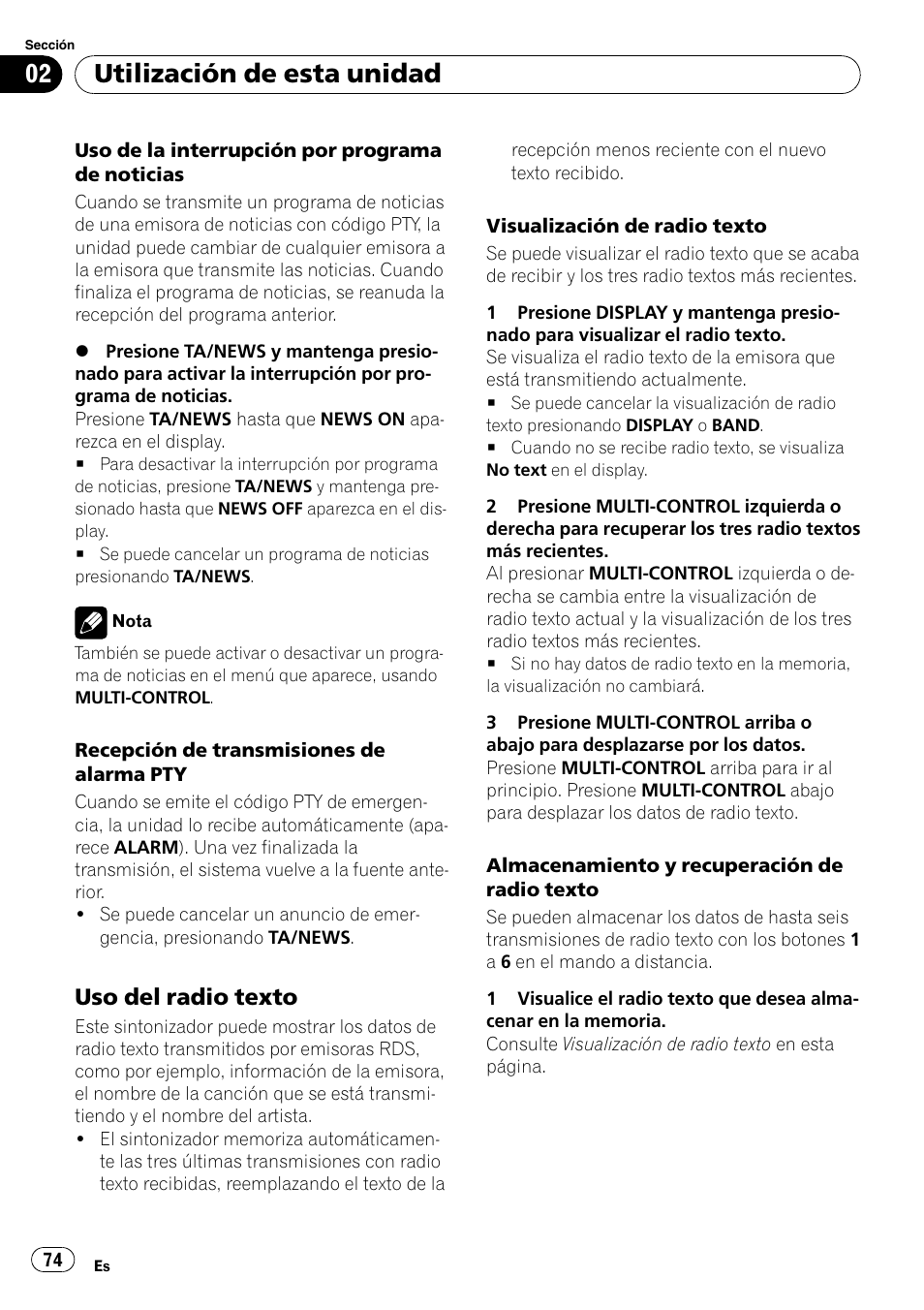 Uso del radio texto 74, Utilización de esta unidad, Uso del radio texto | Pioneer DEH-P6900IB User Manual | Page 74 / 126