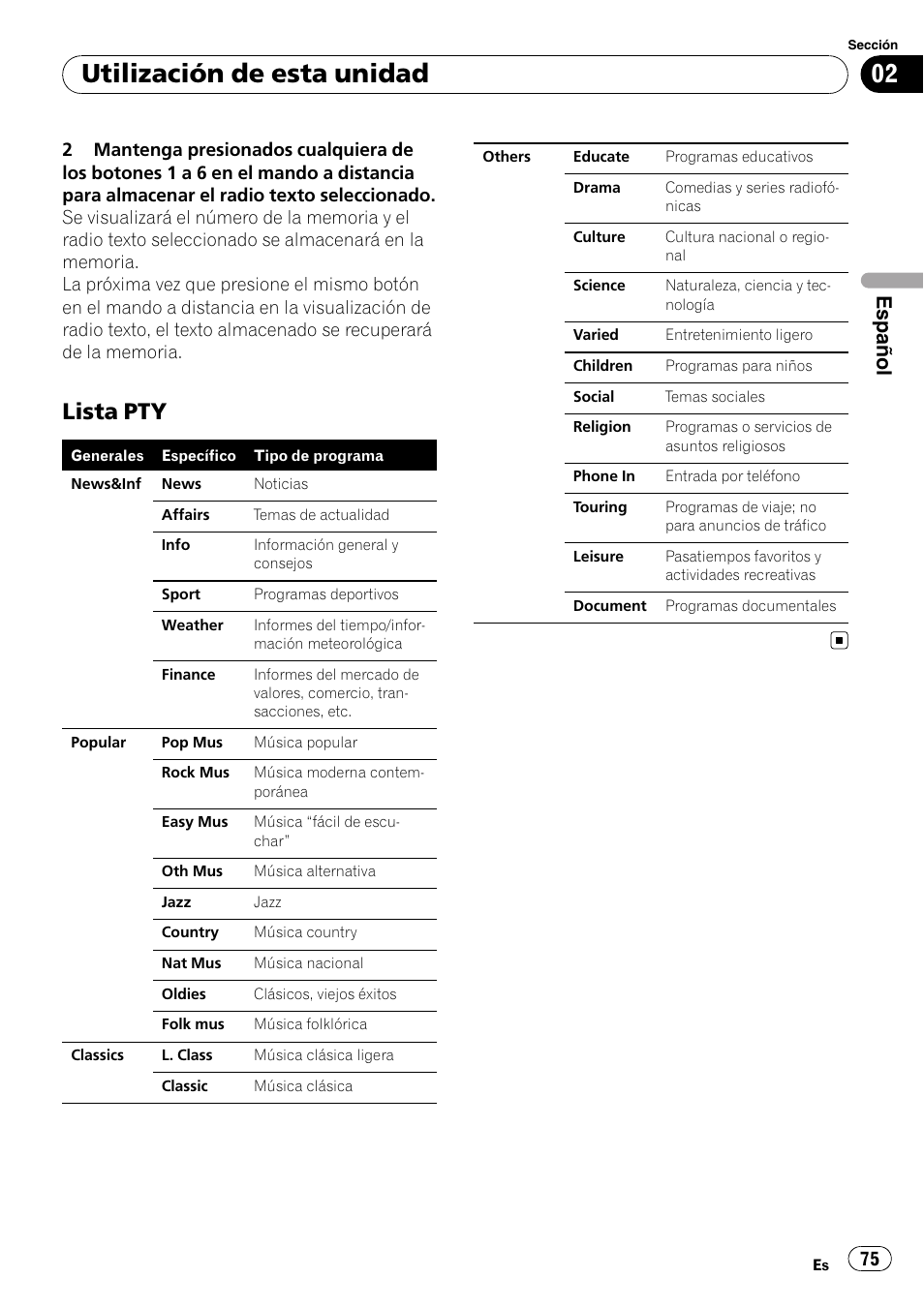 Lista pty 75, Utilización de esta unidad, Lista pty | Español | Pioneer DEH-P6900IB User Manual | Page 75 / 126