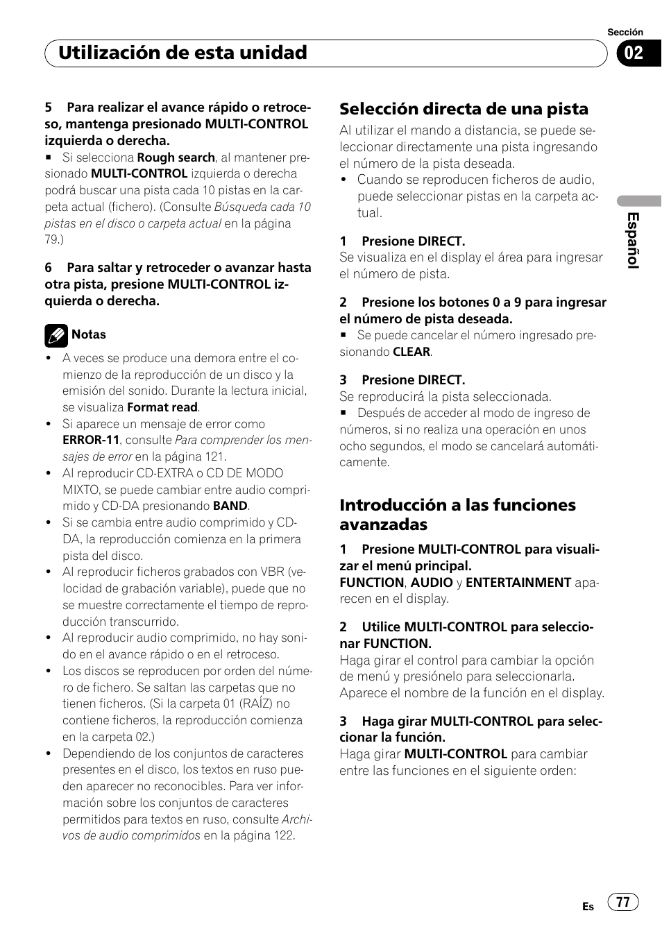 Selección directa de una pista 77, Introducción a las funciones, Avanzadas | Utilización de esta unidad, Selección directa de una pista, Introducción a las funciones avanzadas | Pioneer DEH-P6900IB User Manual | Page 77 / 126