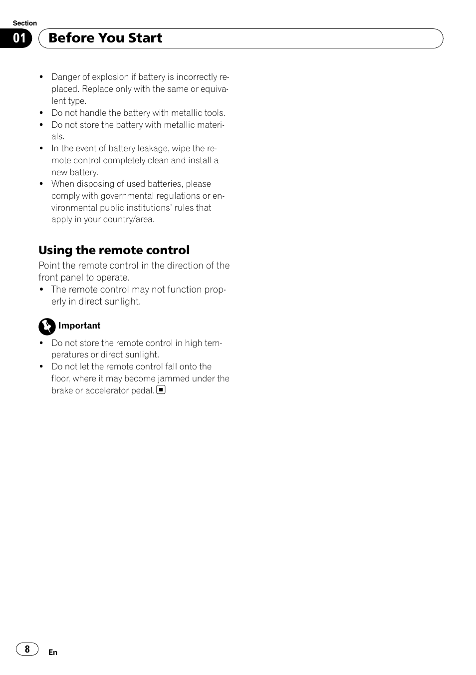 Using the remote control 8, Before you start, Using the remote control | Pioneer DEH-P6900IB User Manual | Page 8 / 126