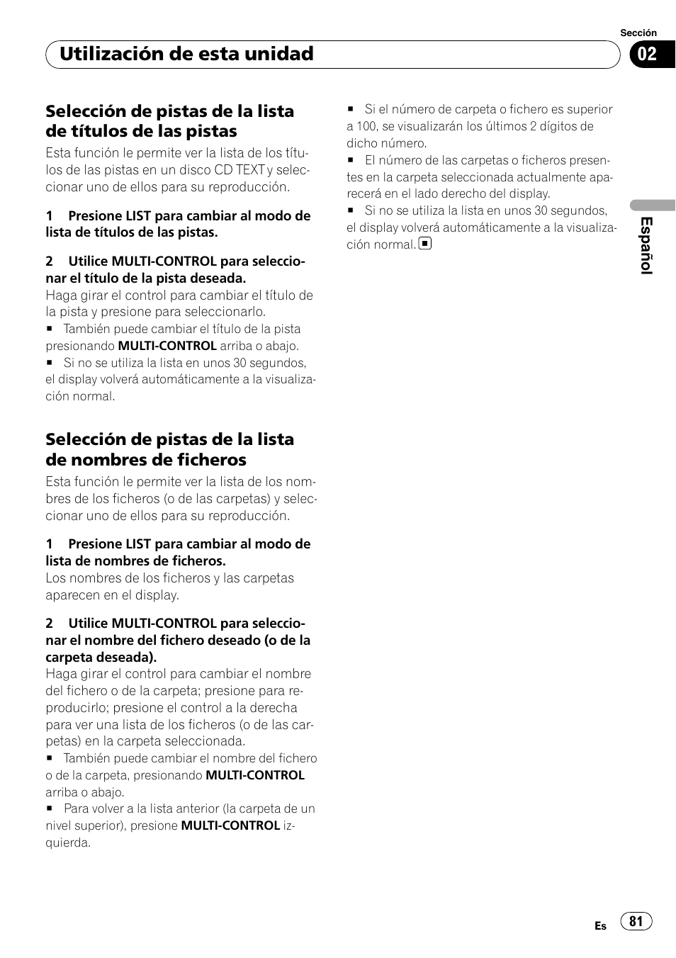 Selección de pistas de la lista de títulos, De las pistas, Selección de pistas de la lista de | Nombres de ficheros, Utilización de esta unidad | Pioneer DEH-P6900IB User Manual | Page 81 / 126