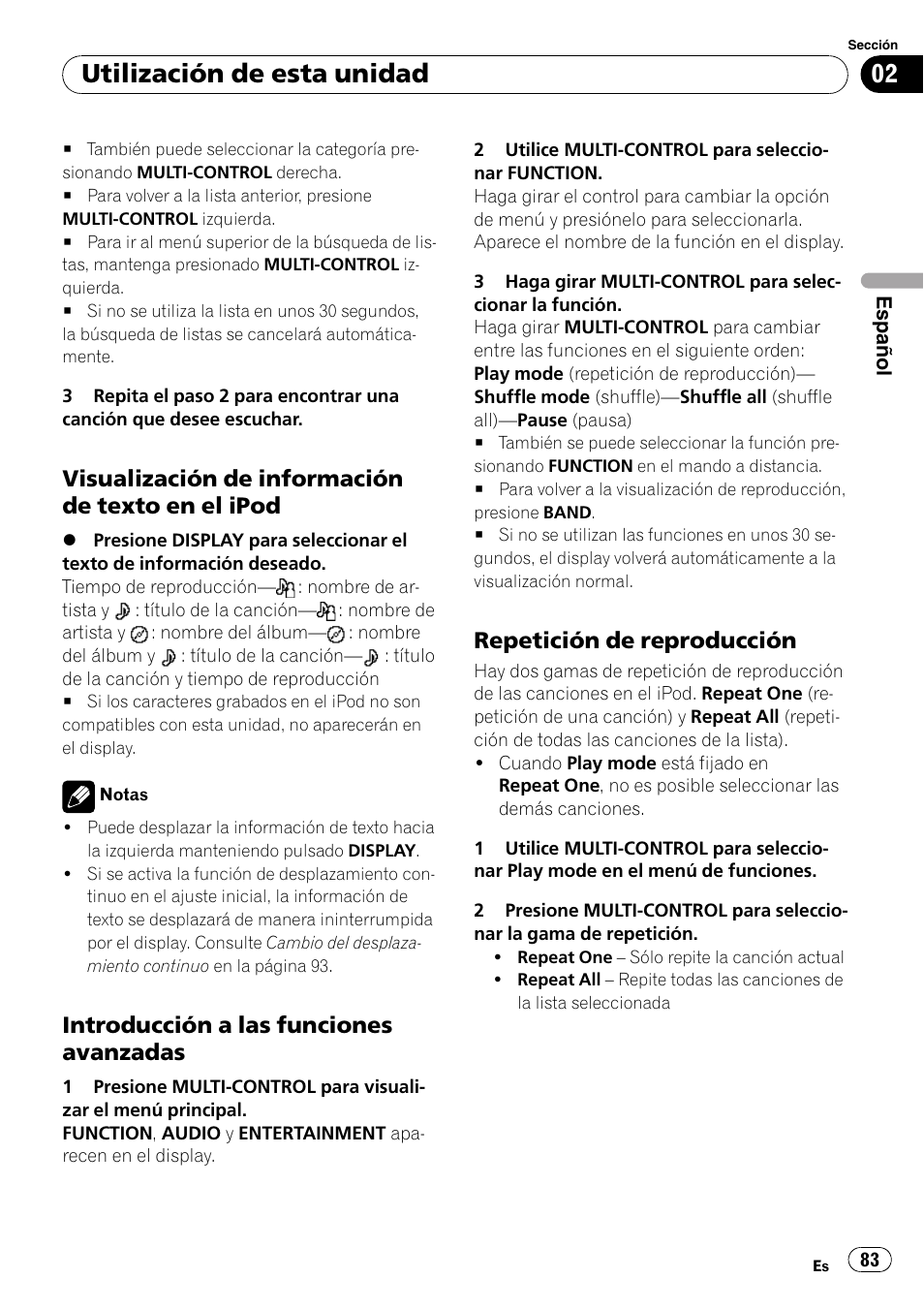 Visualización de información de texto, En el ipod, Introducción a las funciones | Avanzadas, Repetición de reproducción 83, Utilización de esta unidad, Visualización de información de texto en el ipod, Introducción a las funciones avanzadas, Repetición de reproducción | Pioneer DEH-P6900IB User Manual | Page 83 / 126