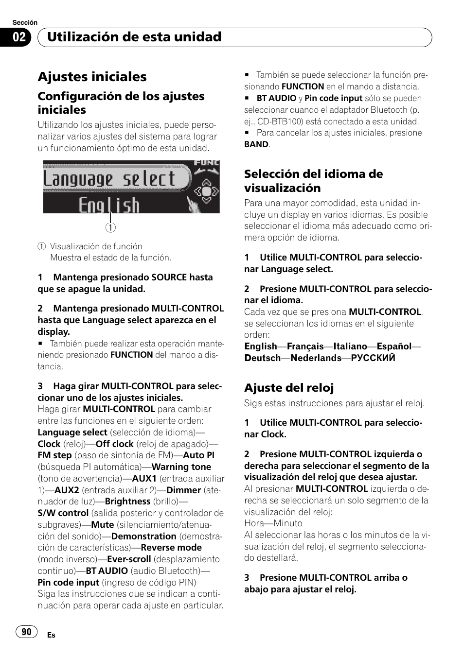 Ajustes iniciales, Configuración de los ajustes, Iniciales | Selección del idioma de, Visualización, Ajuste del reloj 90, Utilización de esta unidad, Configuración de los ajustes iniciales, Selección del idioma de visualización, Ajuste del reloj | Pioneer DEH-P6900IB User Manual | Page 90 / 126