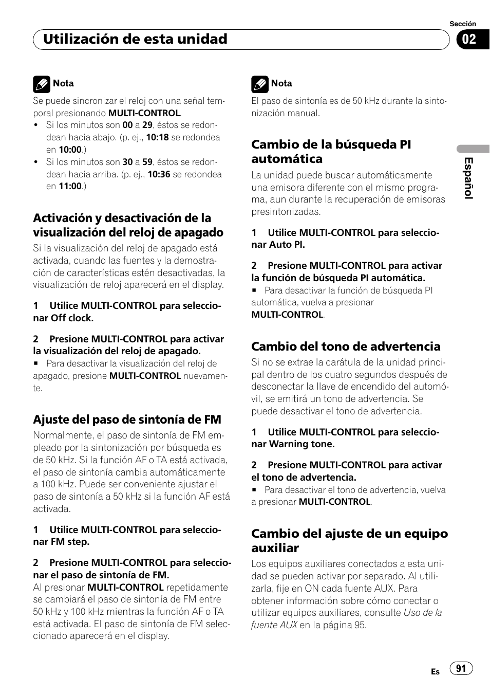 Activación y desactivación de la, Visualización del reloj de apagado, Ajuste del paso de sintonía de fm 91 | Cambio de la búsqueda pi, Automática, Cambio del tono de advertencia 91, Cambio del ajuste de un equipo, Auxiliar, Utilización de esta unidad, Ajuste del paso de sintonía de fm | Pioneer DEH-P6900IB User Manual | Page 91 / 126