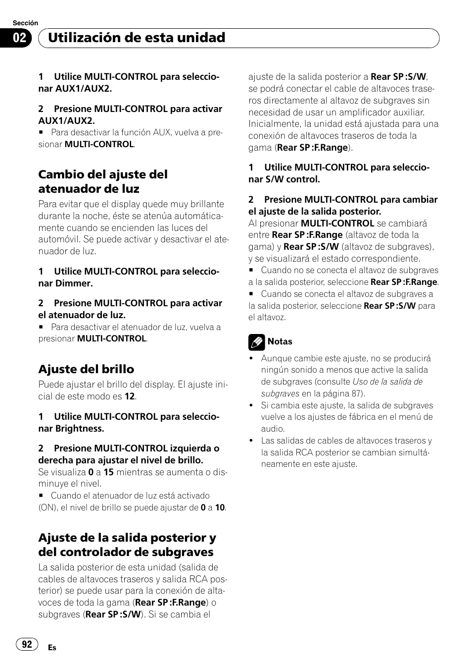 Cambio del ajuste del atenuador de, Ajuste del brillo 92, Ajuste de la salida posterior y del | Controlador de subgraves, Utilización de esta unidad, Cambio del ajuste del atenuador de luz, Ajuste del brillo | Pioneer DEH-P6900IB User Manual | Page 92 / 126