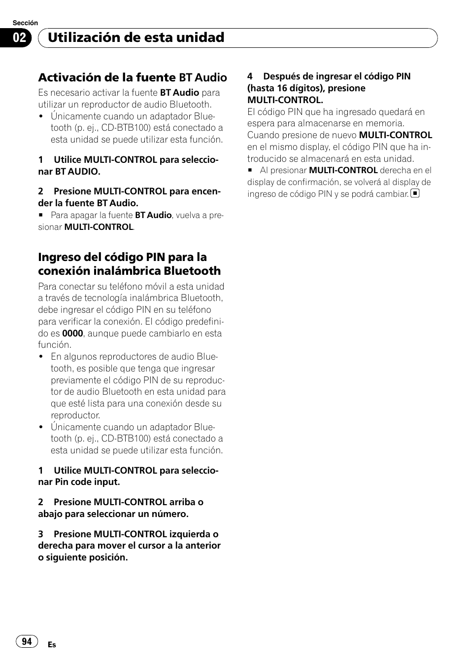 Activación de la fuente bt audio 94, Ingreso del código pin para la, Conexión inalámbrica bluetooth | Utilización de esta unidad, Activación de la fuente bt audio | Pioneer DEH-P6900IB User Manual | Page 94 / 126
