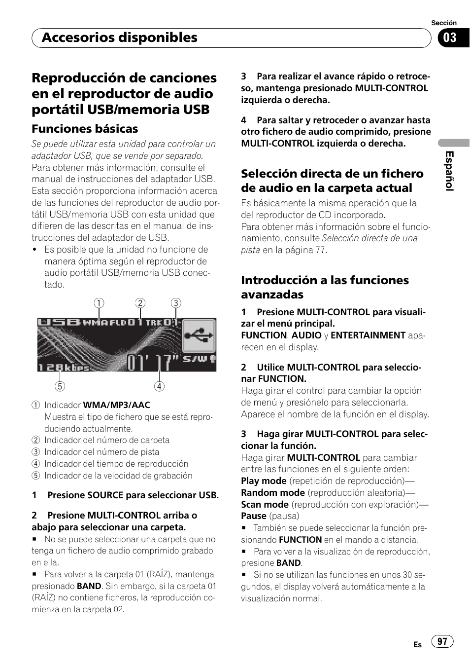 Reproductor de audio portátil usb/ memoria usb, Funciones básicas 97, Selección directa de un fichero de | Audio en la carpeta actual, Introducción a las funciones, Avanzadas, Accesorios disponibles | Pioneer DEH-P6900IB User Manual | Page 97 / 126