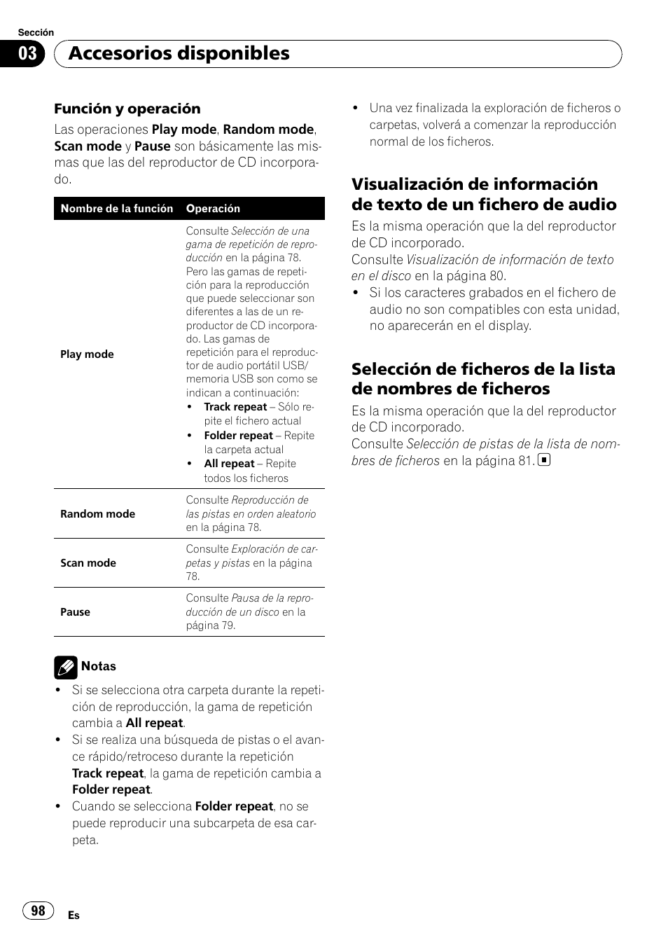 Visualización de información de texto, De un fichero de audio, Selección de ficheros de la lista de | Nombres de ficheros, Accesorios disponibles | Pioneer DEH-P6900IB User Manual | Page 98 / 126
