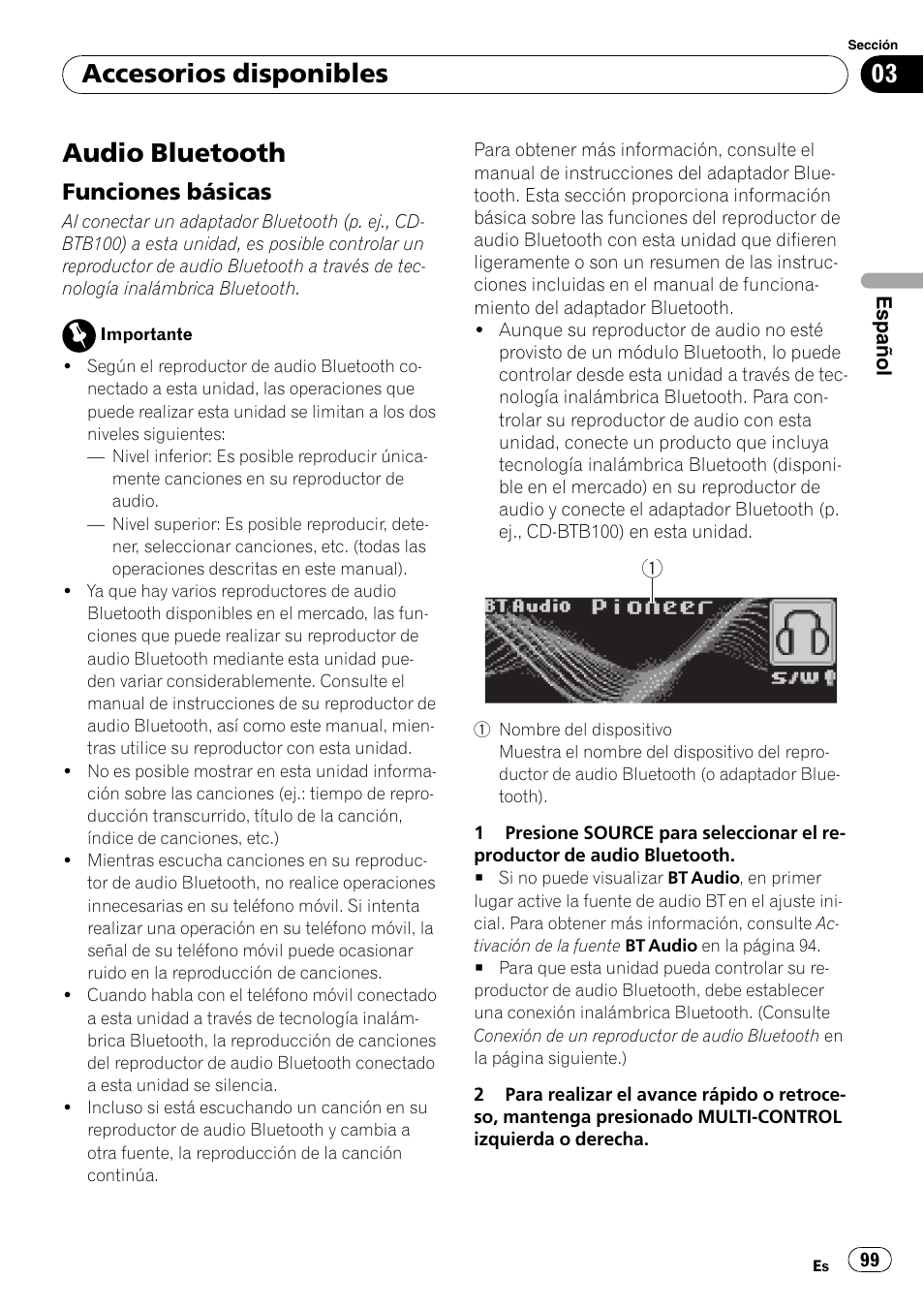Audio bluetooth, Funciones básicas 99, Accesorios disponibles | Funciones básicas | Pioneer DEH-P6900IB User Manual | Page 99 / 126
