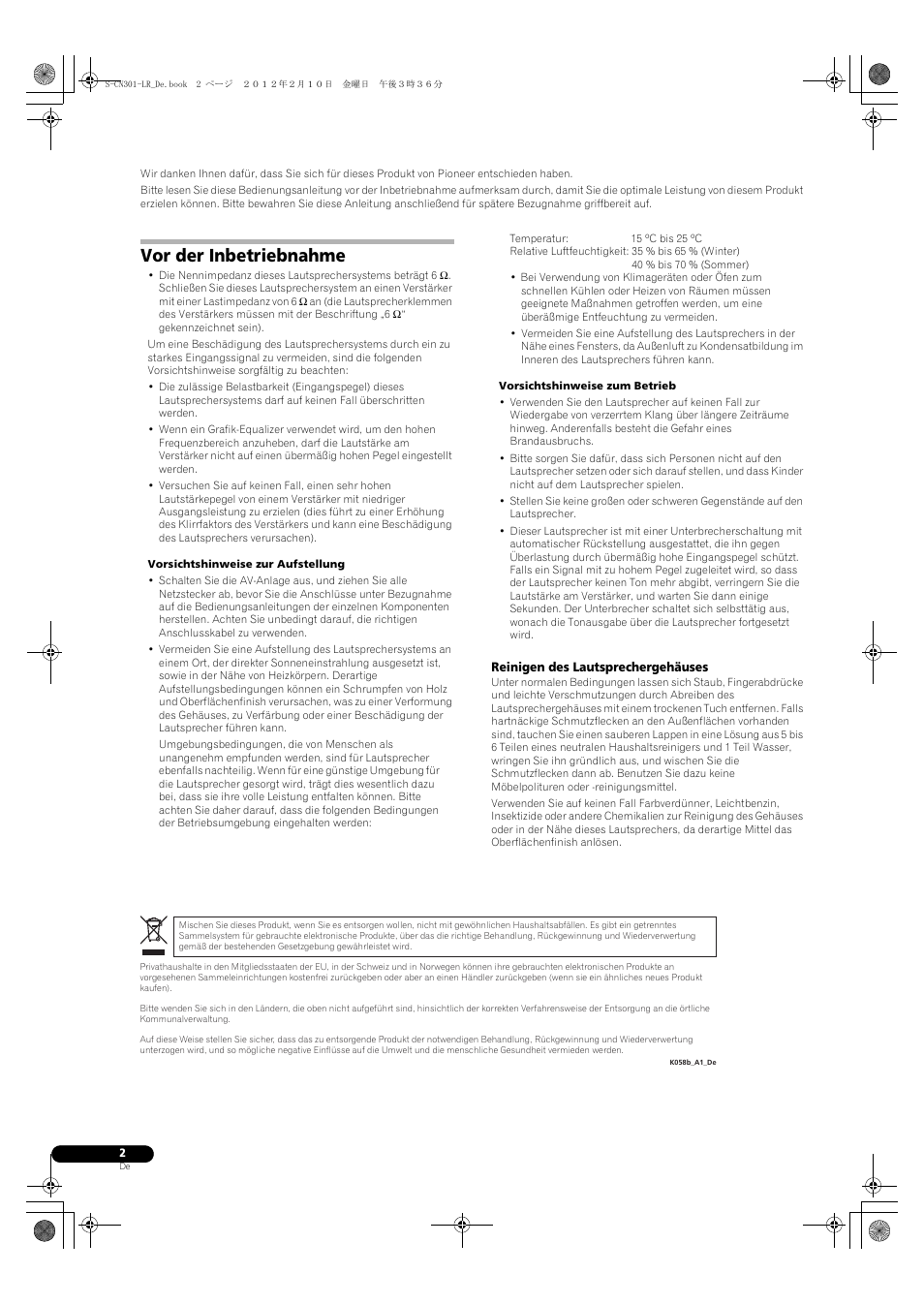 Vor der inbetriebnahme | Pioneer S-CN301-LR User Manual | Page 10 / 56
