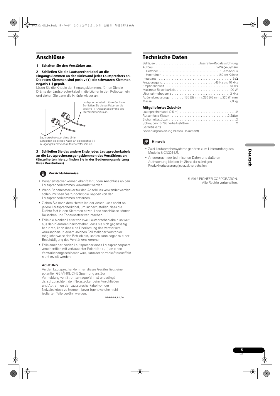 Anschlüsse, Technische daten | Pioneer S-CN301-LR User Manual | Page 13 / 56