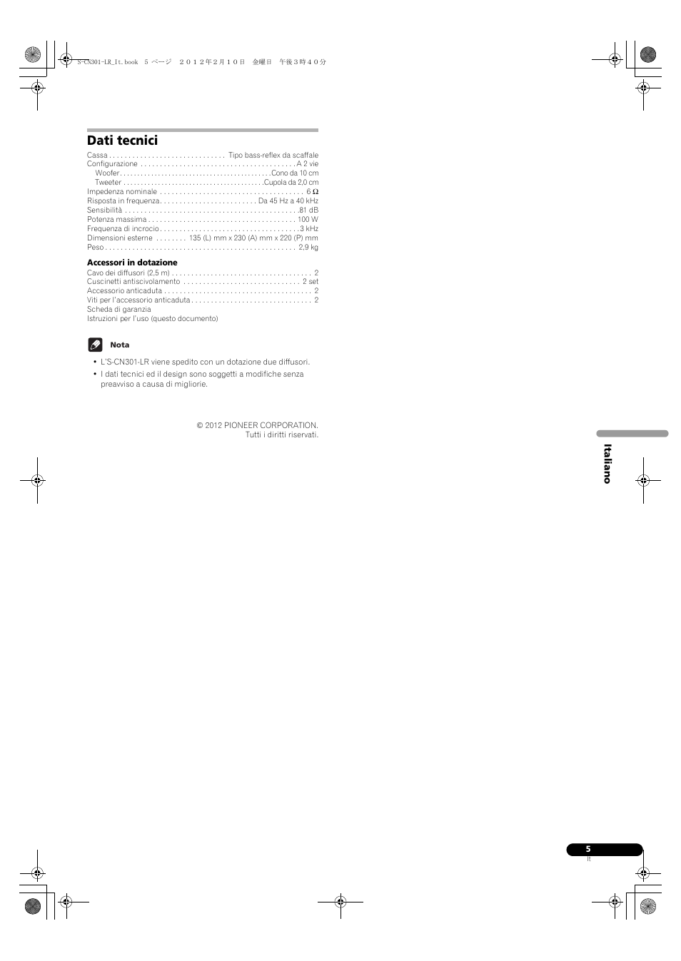 Dati tecnici | Pioneer S-CN301-LR User Manual | Page 17 / 56