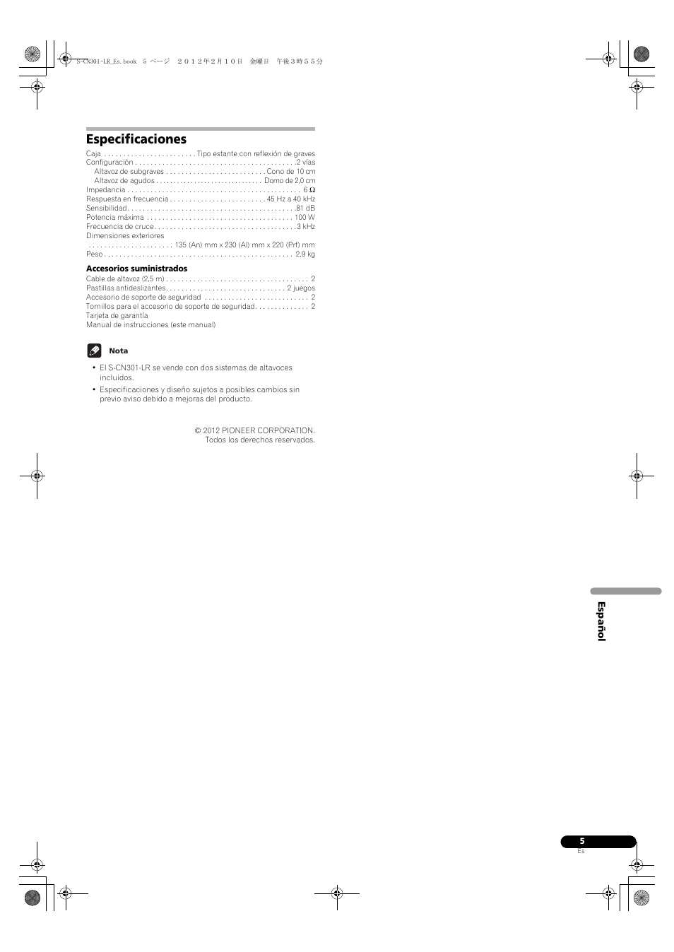 Especificaciones | Pioneer S-CN301-LR User Manual | Page 25 / 56