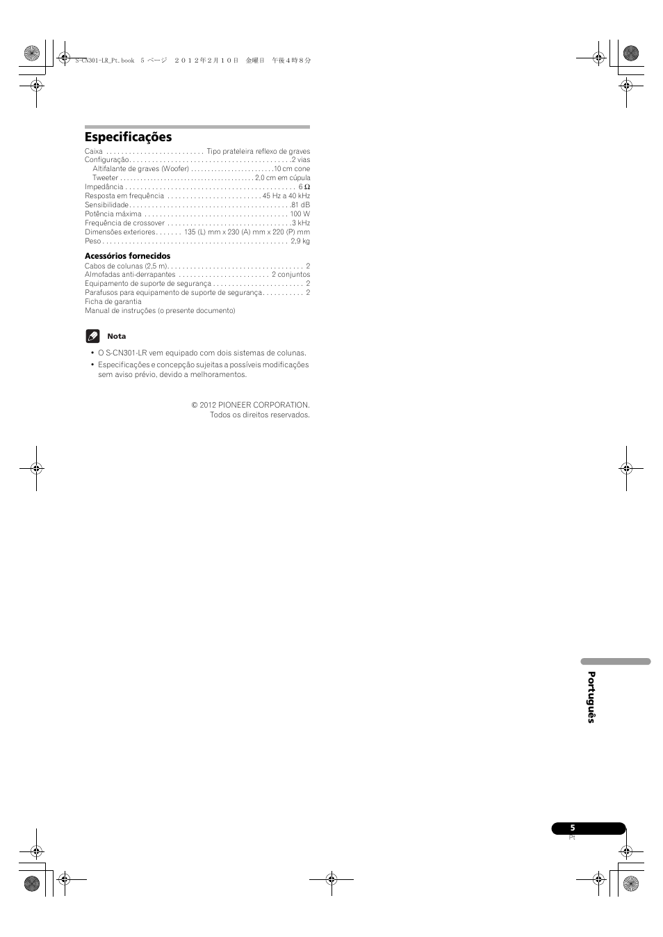 Especificações | Pioneer S-CN301-LR User Manual | Page 29 / 56