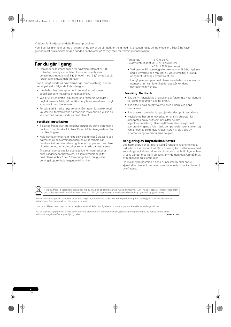 Før du går i gang | Pioneer S-CN301-LR User Manual | Page 38 / 56