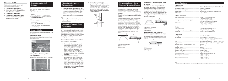 Returning to default settings, Screen display, Changing the screen display mode | Optional advanced setup preparation, Specifications | Pioneer ND-BC20PA User Manual | Page 3 / 6