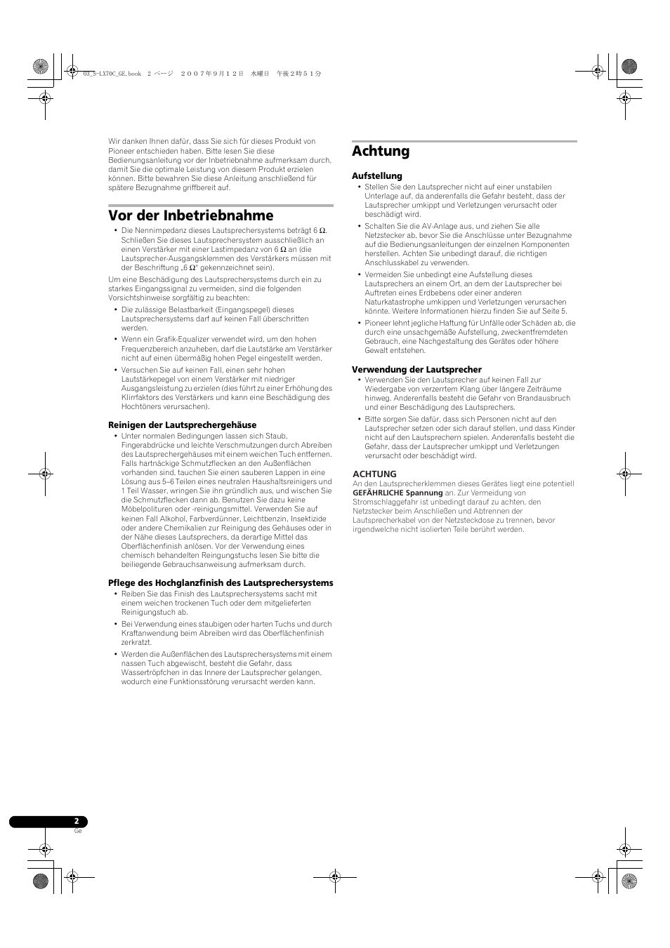 Lautsprechersystem, Vor der inbetriebnahme, Achtung | Pioneer S-LX70C User Manual | Page 14 / 74