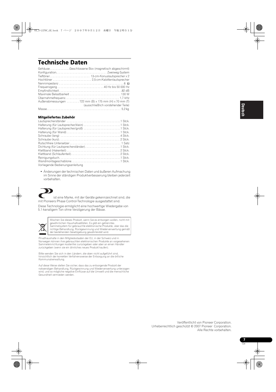 Technische daten | Pioneer S-LX70C User Manual | Page 19 / 74