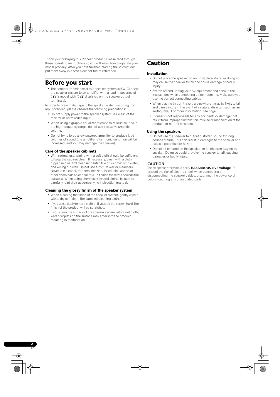 Speaker system, Before you start, Caution | Pioneer S-LX70C User Manual | Page 2 / 74