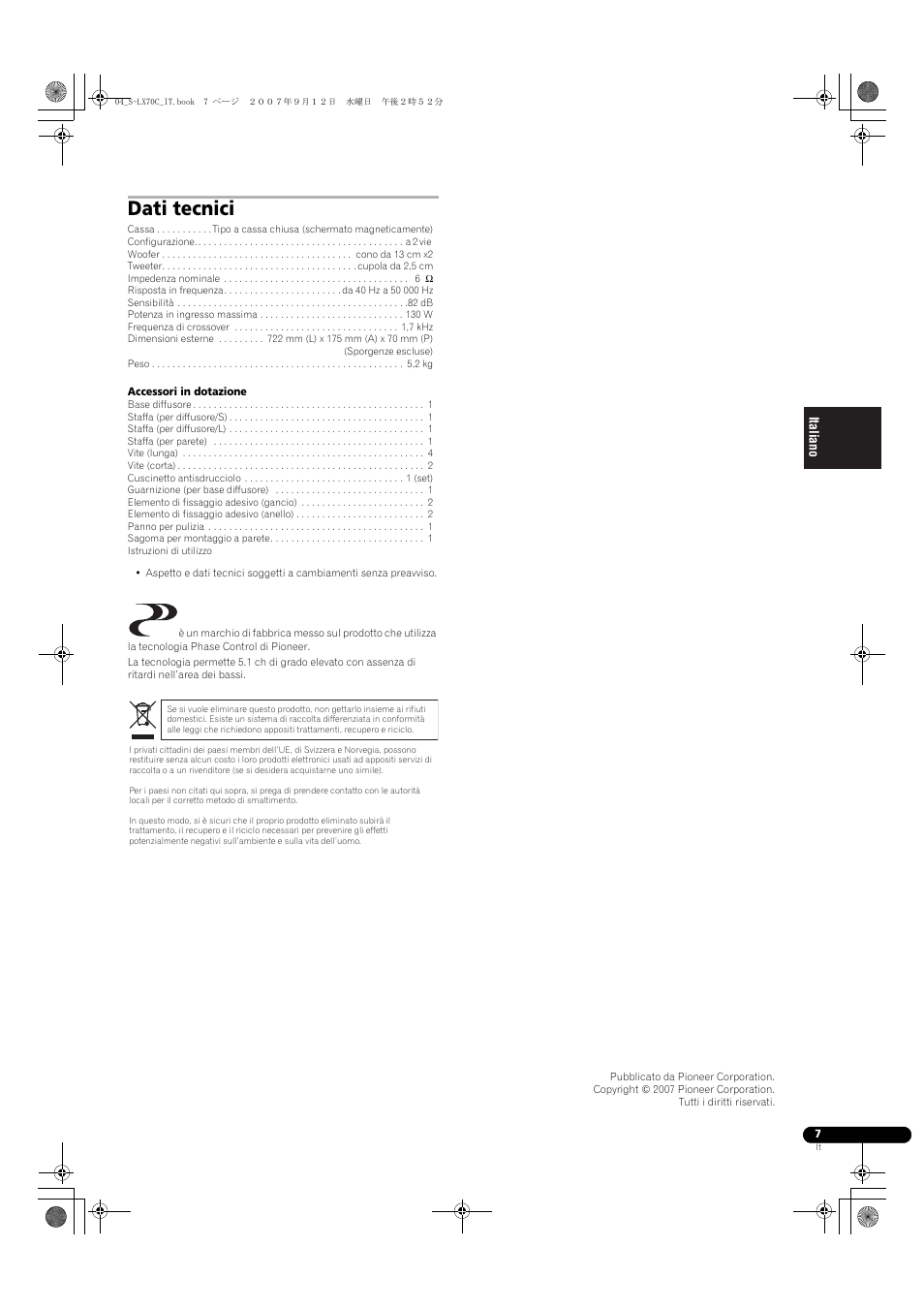 Dati tecnici | Pioneer S-LX70C User Manual | Page 25 / 74