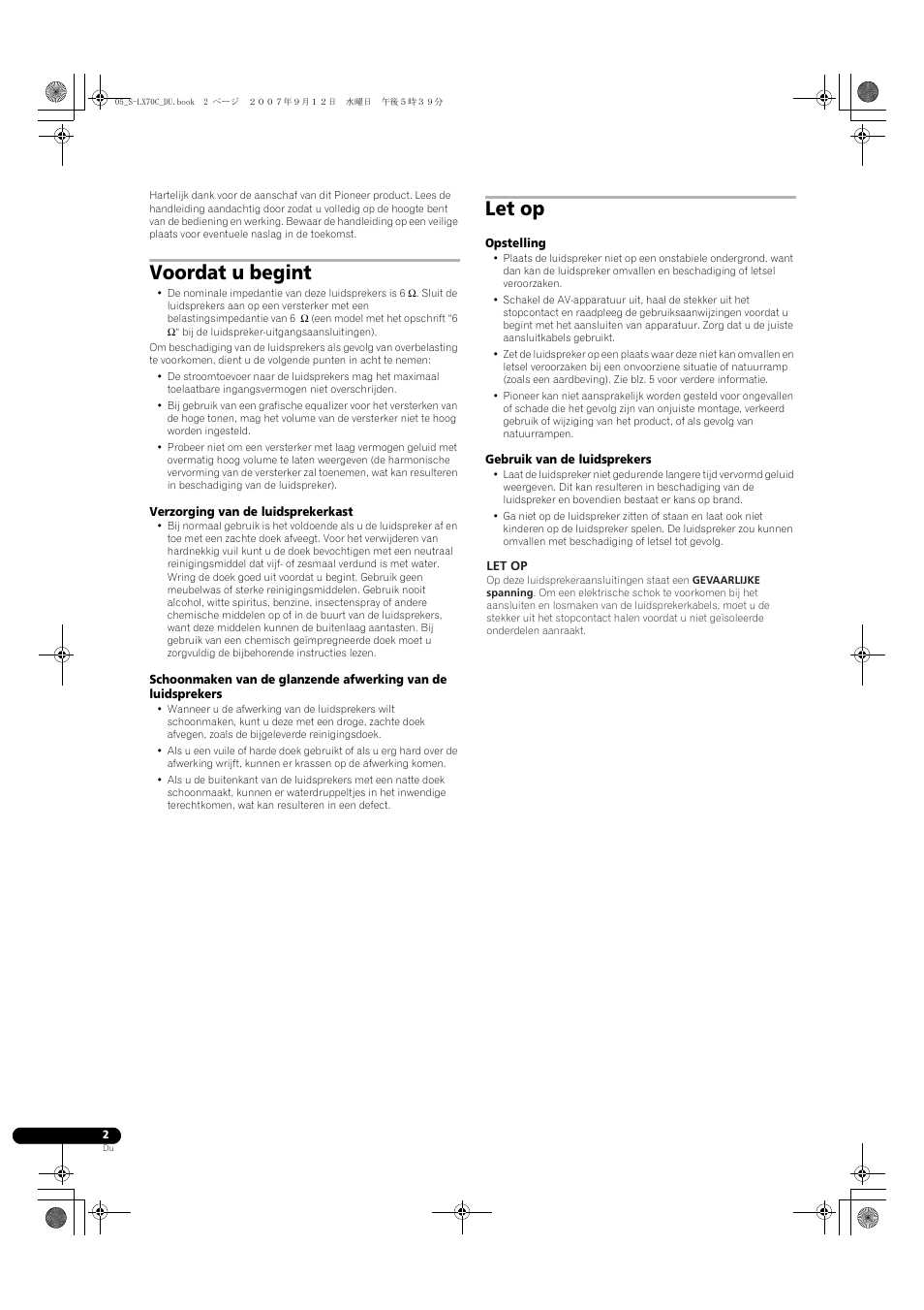 Luidsprekersysteem, Voordat u begint, Let op | Pioneer S-LX70C User Manual | Page 26 / 74
