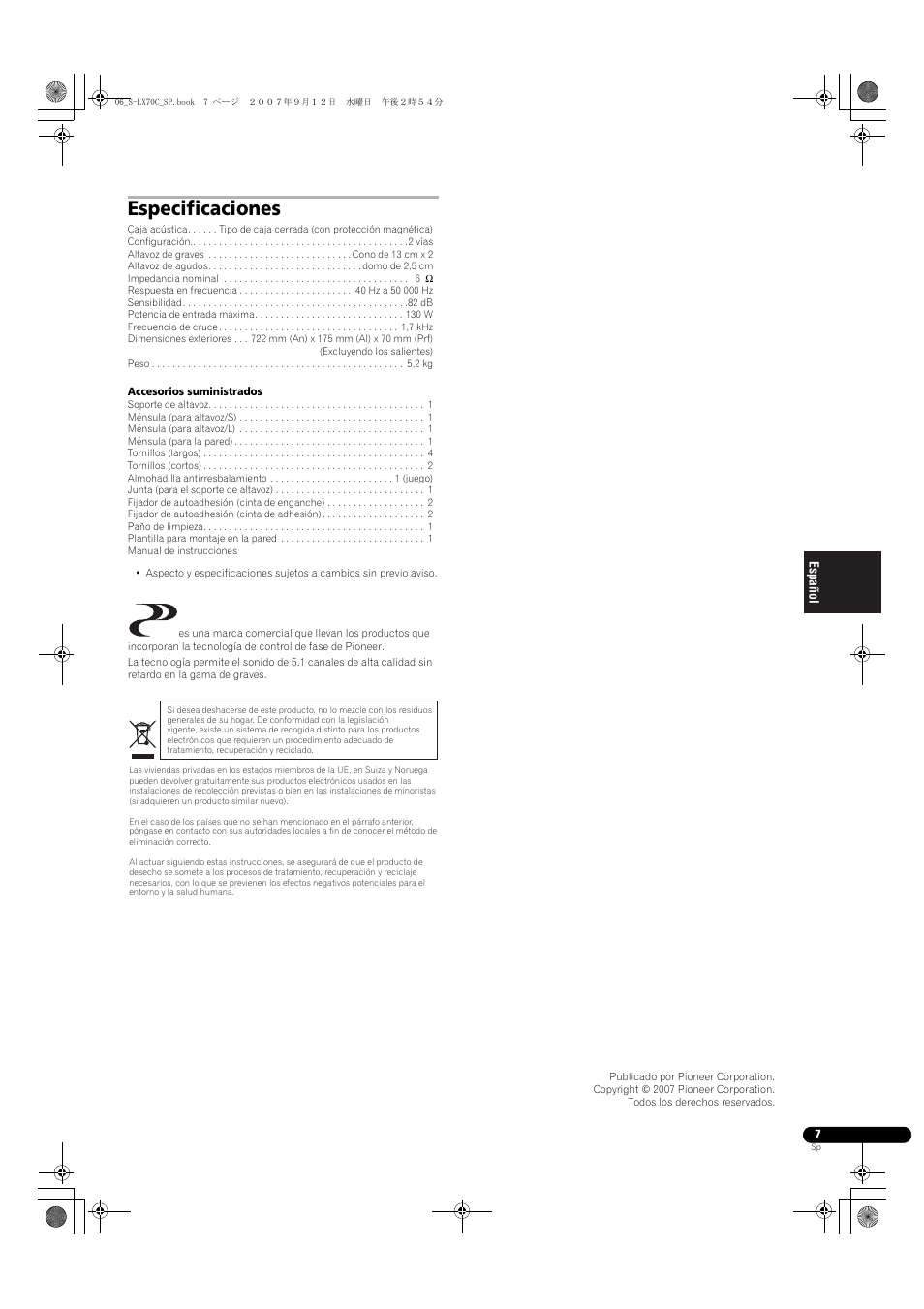 Especificaciones | Pioneer S-LX70C User Manual | Page 37 / 74