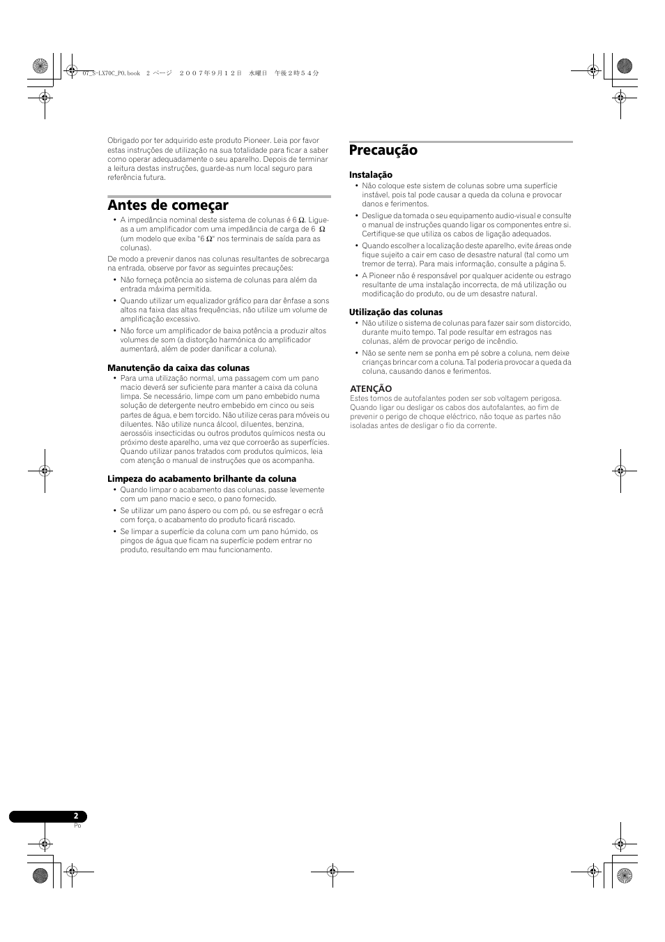 Sistema de colunas, Antes de começar, Precaução | Pioneer S-LX70C User Manual | Page 38 / 74