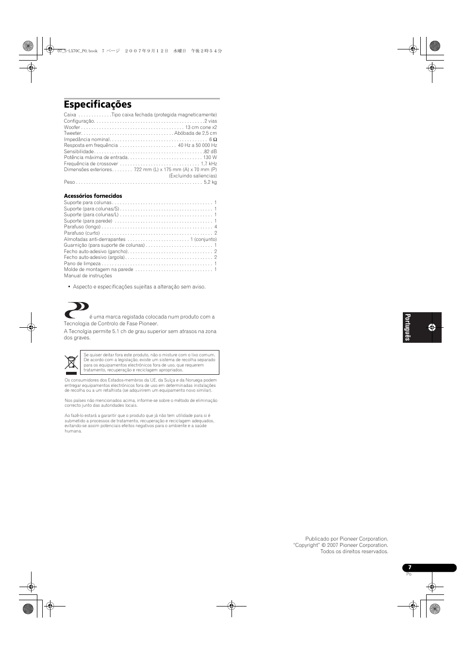 Especificações | Pioneer S-LX70C User Manual | Page 43 / 74