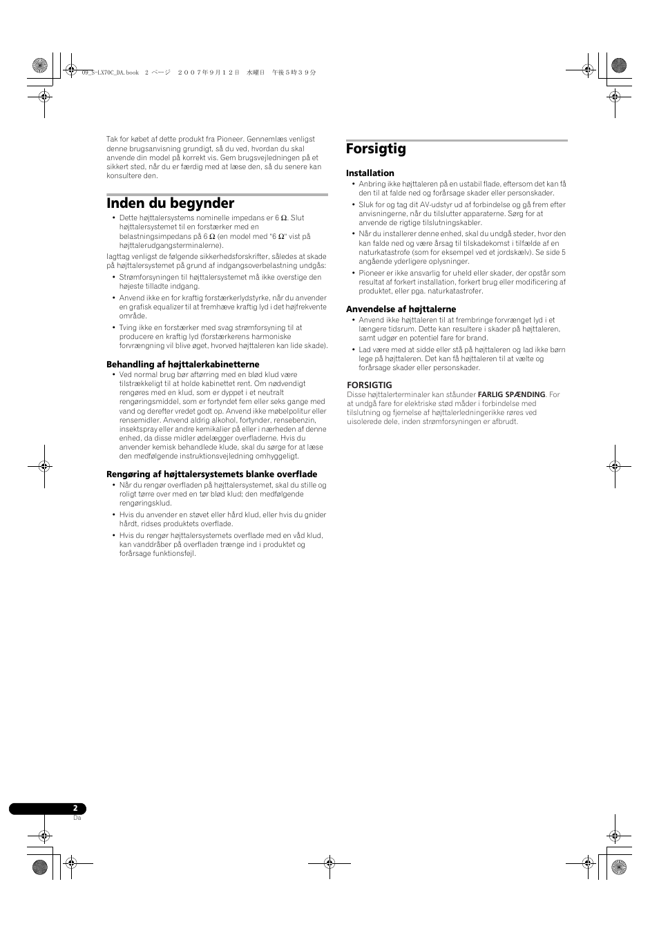 Højttalersystem, Inden du begynder, Forsigtig | Pioneer S-LX70C User Manual | Page 50 / 74