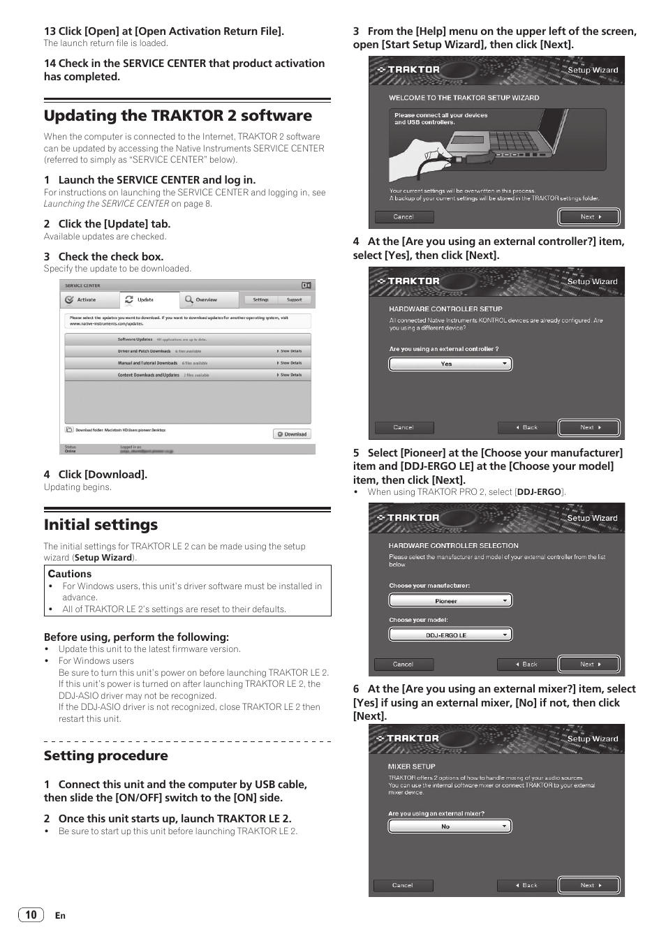 Updating the traktor 2 software, Initial settings, Updating the traktor 2 software initial settings | Setting procedure | Pioneer DDJ-ERGO-K User Manual | Page 10 / 31