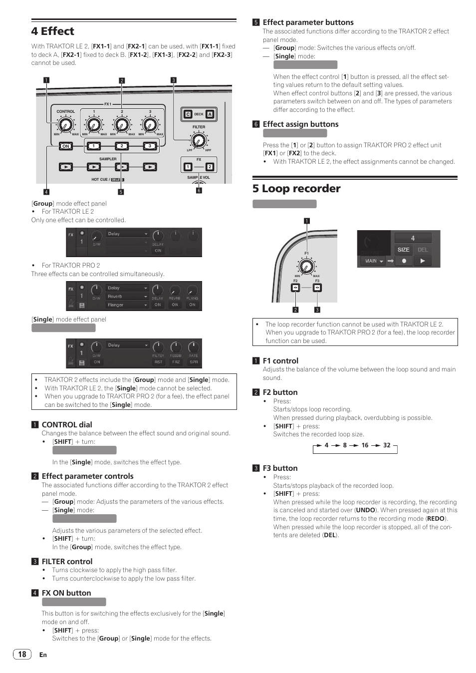 4 effect, 5 loop recorder, 4 effect 5 loop recorder | 1control dial, 2effect parameter controls, 3filter control, 4fx on button, 5effect parameter buttons, 6effect assign buttons, 1f1 control | Pioneer DDJ-ERGO-K User Manual | Page 18 / 31
