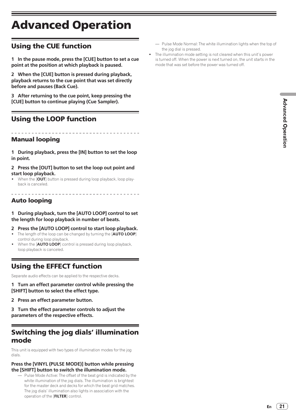 Advanced operation, Using the cue function, Using the loop function | Using the effect function, Switching the jog dials’ illumination mode | Pioneer DDJ-ERGO-K User Manual | Page 21 / 31