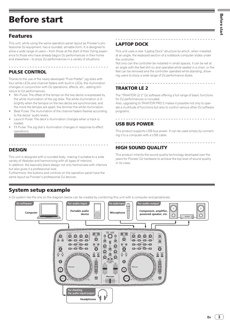 Before start, Features, System setup example | Features system setup example, Pulse control, Design, Laptop dock, Traktor le 2, Usb bus power, High sound quality | Pioneer DDJ-ERGO-K User Manual | Page 3 / 31