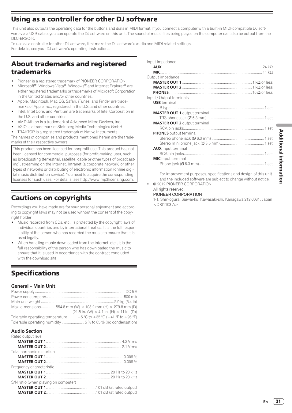 Using as a controller for other dj software, About trademarks and registered trademarks, Cautions on copyrights | Specifications | Pioneer DDJ-ERGO-K User Manual | Page 31 / 31