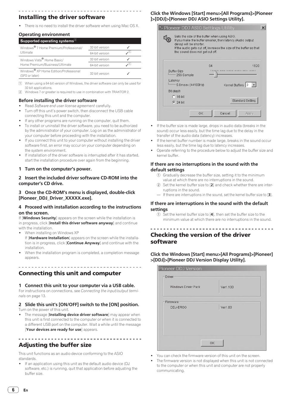 Installing the driver software, Connecting this unit and computer, Adjusting the buffer size | Checking the version of the driver software | Pioneer DDJ-ERGO-K User Manual | Page 6 / 31
