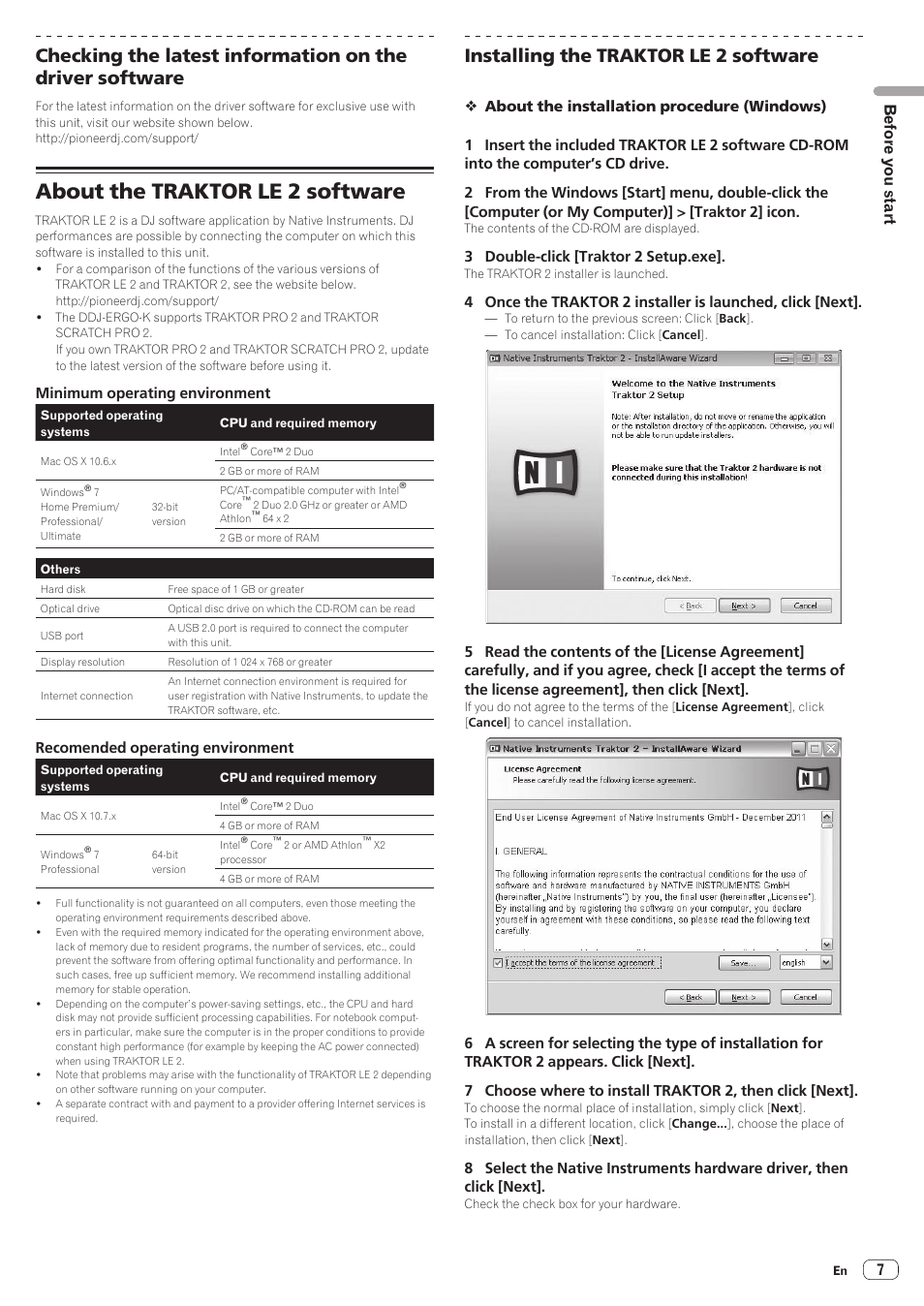 About the traktor le 2 software, Installing the traktor le 2 software, Before you start | Pioneer DDJ-ERGO-K User Manual | Page 7 / 31