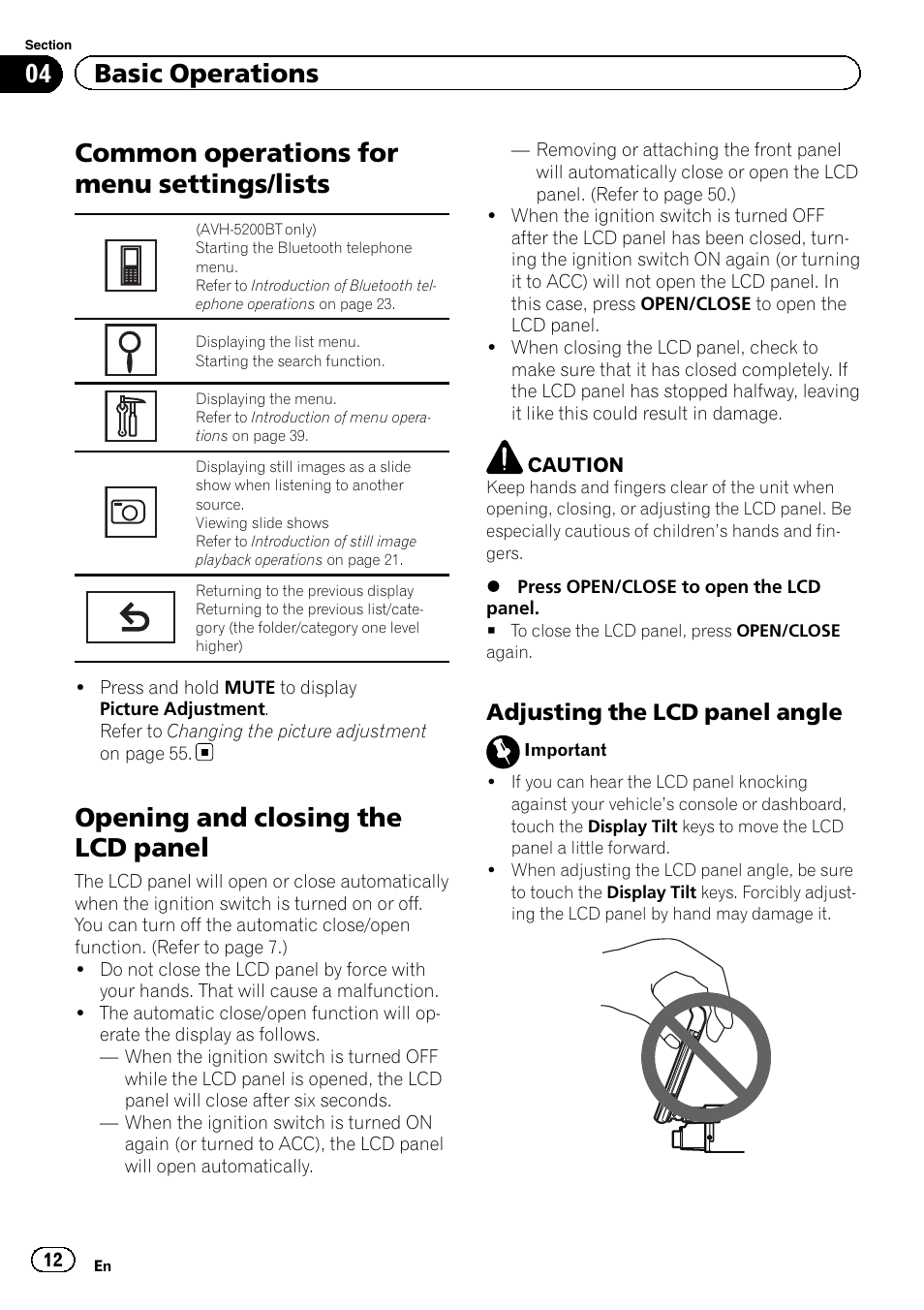Common operations for menu settings, Lists, Opening and closing the lcd panel | Common operations for menu settings/lists, 04 basic operations, Adjusting the lcd panel angle | Pioneer AVH-5200DVD User Manual | Page 12 / 80