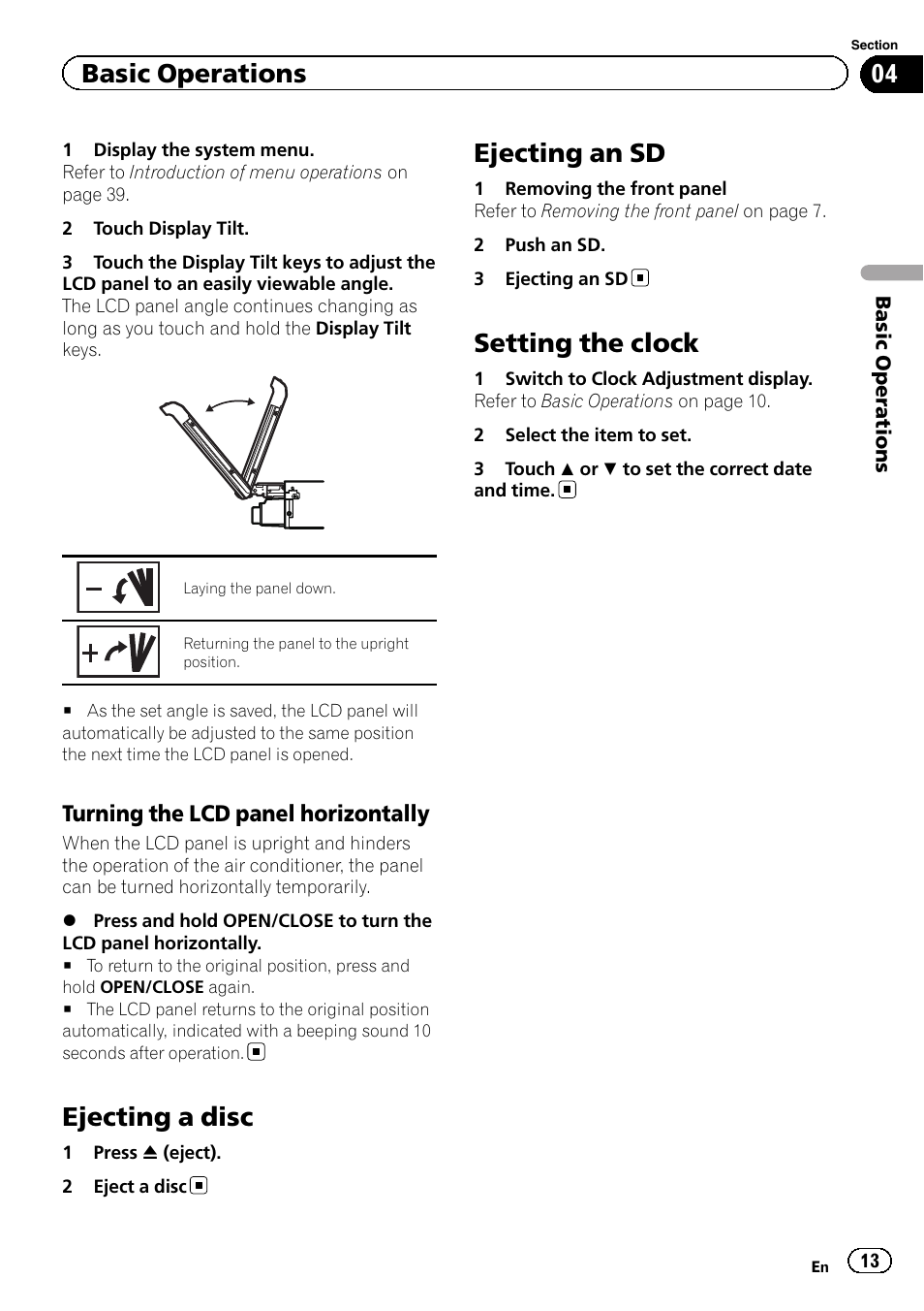 Ejecting a disc, Ejecting an sd, Setting the clock | Basic operations | Pioneer AVH-5200DVD User Manual | Page 13 / 80