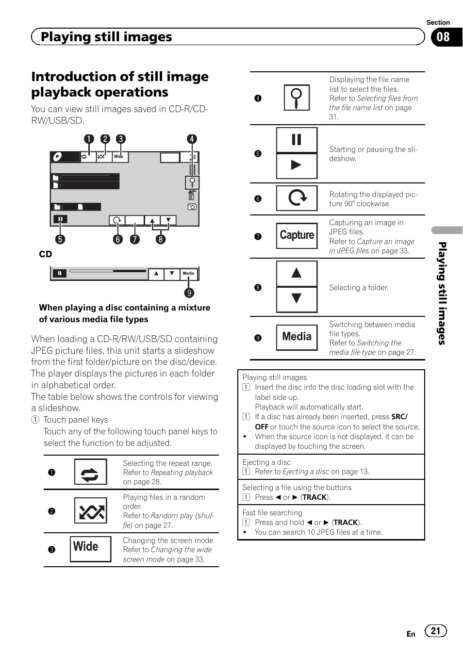 Operations, Introduction of still image playback operations, Playing still images | Pioneer AVH-5200DVD User Manual | Page 21 / 80