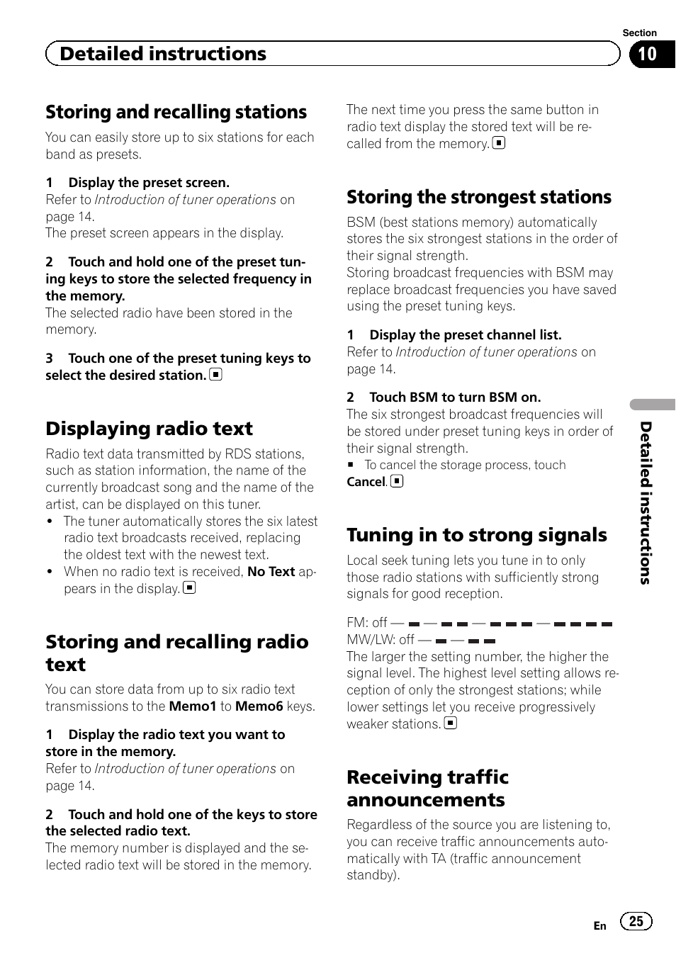 Displaying radio text, Storing and recalling radio text, Storing the strongest stations | Tuning in to strong signals, Receiving traffic announcements, Storing and recalling stations, Detailed instructions | Pioneer AVH-5200DVD User Manual | Page 25 / 80