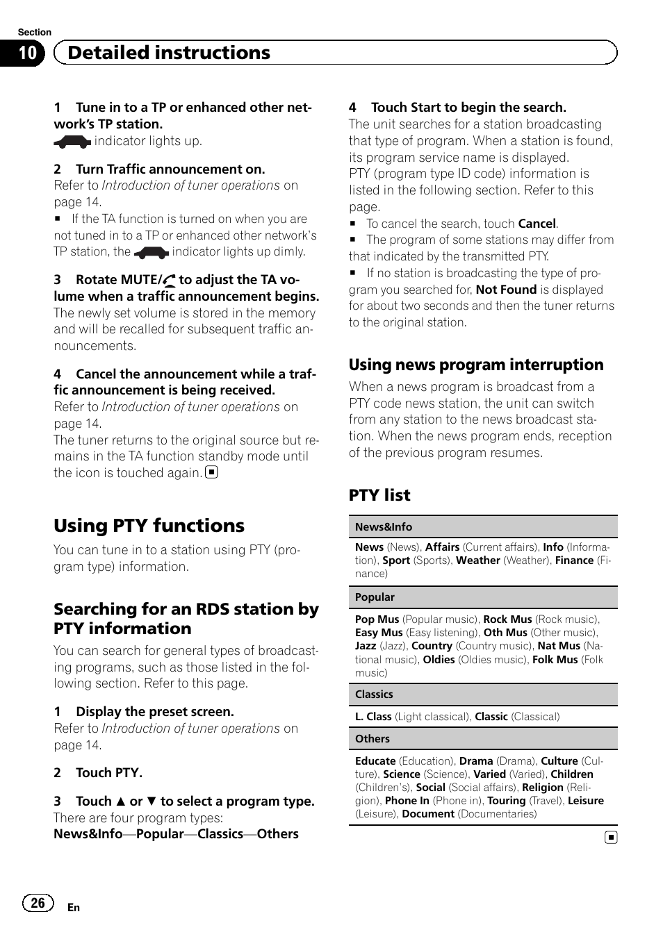 Using pty functions, 10 detailed instructions, Searching for an rds station by pty information | Using news program interruption, Pty list | Pioneer AVH-5200DVD User Manual | Page 26 / 80