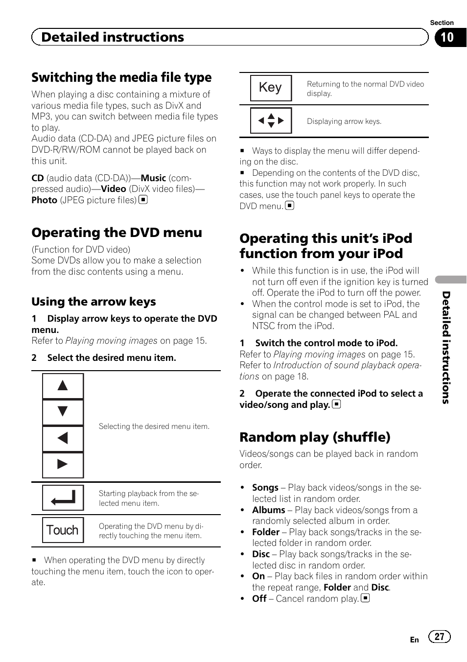 Switching the media file type, Operating the dvd menu, Operating this unit | S ipod function from your, Ipod, Random play (shuffle), S ipod function from, Detailed instructions | Pioneer AVH-5200DVD User Manual | Page 27 / 80