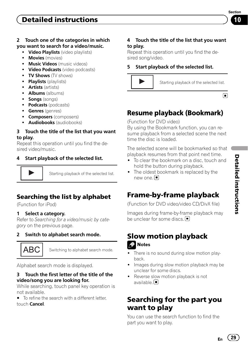 Resume playback (bookmark), Frame-by-frame playback, Slow motion playback | Searching for the part you want to play, Detailed instructions, Searching the list by alphabet | Pioneer AVH-5200DVD User Manual | Page 29 / 80