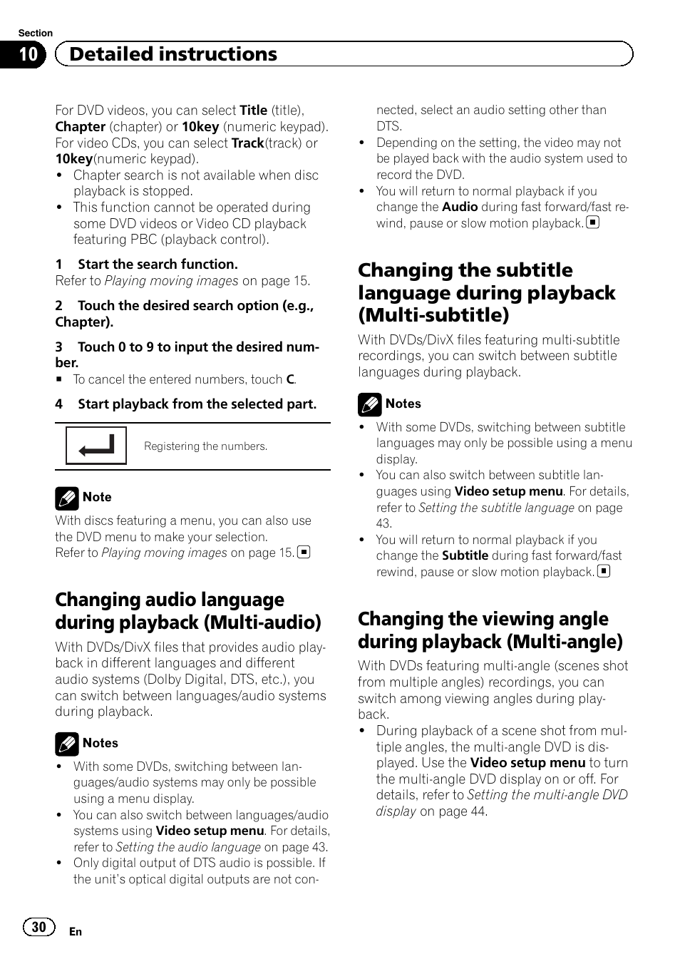 Changing audio language during playback, Multi-audio), Changing the subtitle language during | Playback (multi-subtitle), Changing the viewing angle during playback, Multi-angle), 10 detailed instructions | Pioneer AVH-5200DVD User Manual | Page 30 / 80