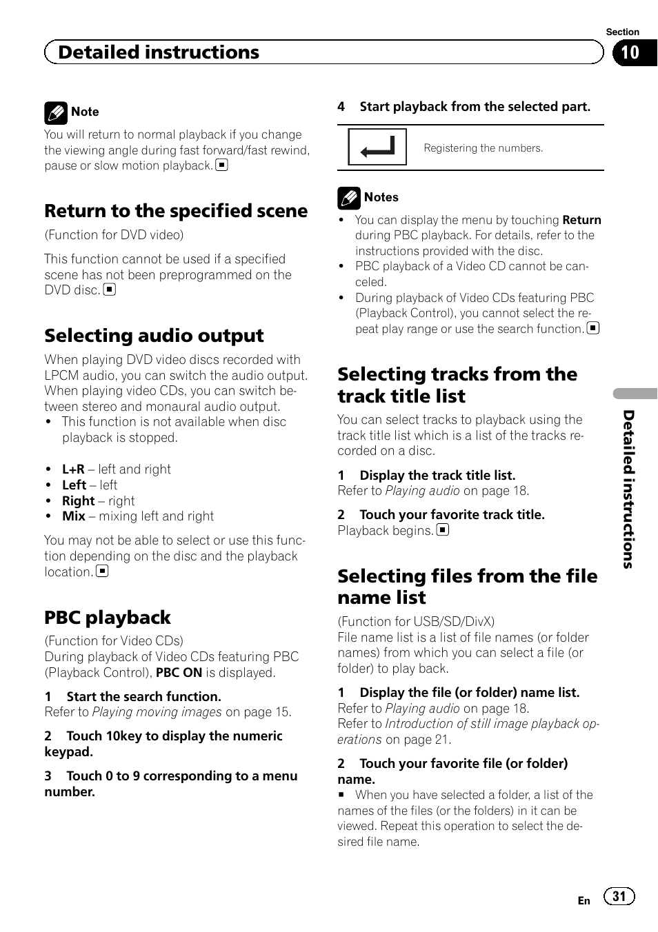 Return to the specified scene, Selecting audio output, Pbc playback | Selecting tracks from the track title list, Selecting files from the file name list, Detailed instructions | Pioneer AVH-5200DVD User Manual | Page 31 / 80