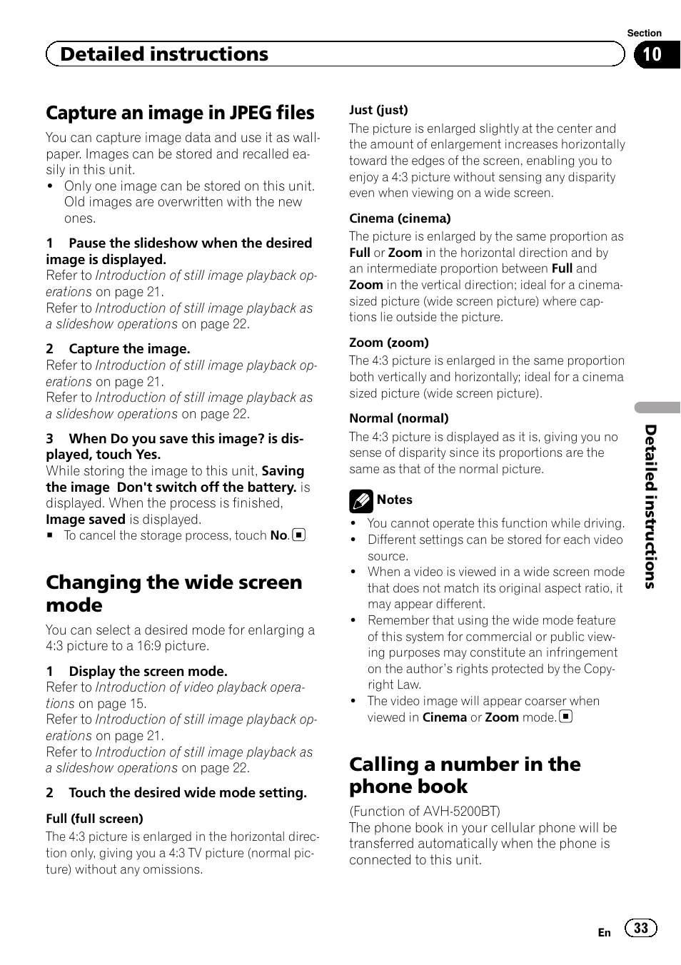 Capture an image in jpeg files, Changing the wide screen mode, Calling a number in the phone book | Detailed instructions | Pioneer AVH-5200DVD User Manual | Page 33 / 80